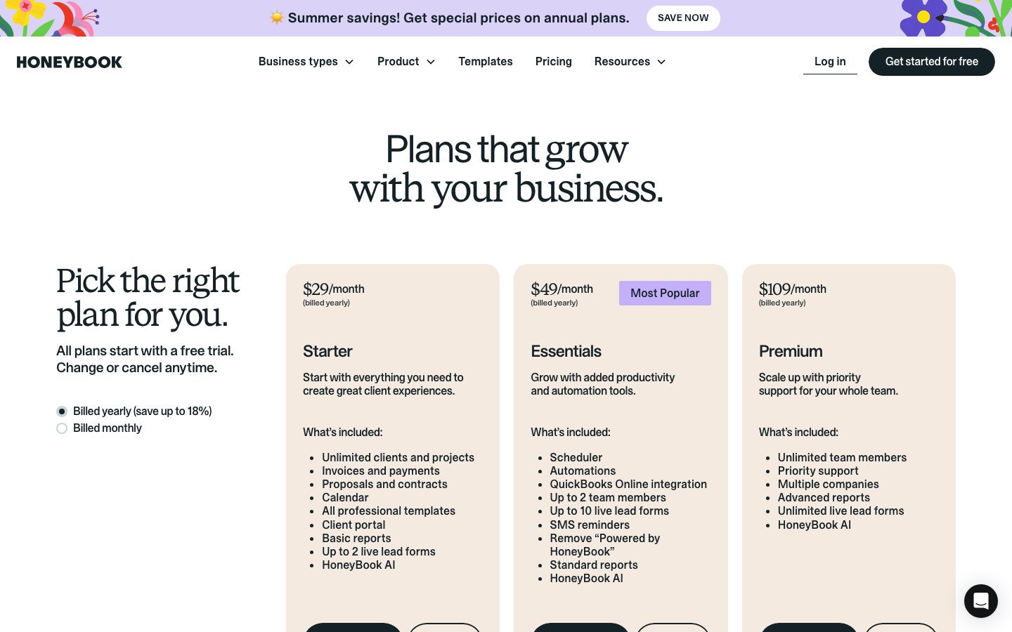HoneyBook pricing page showing Starter at $29 a month billed yearly with unlimited clients and projects