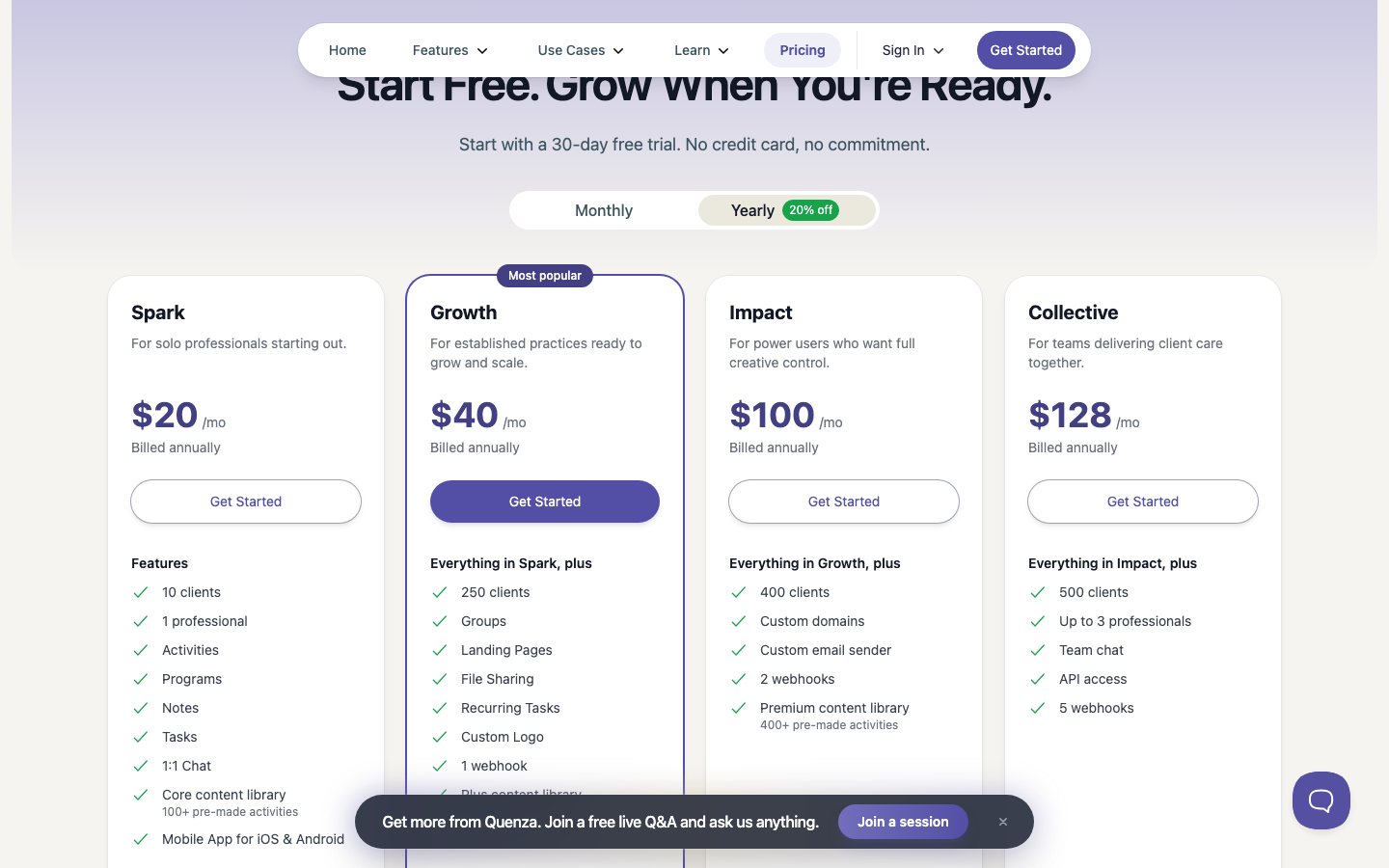 Quenza pricing page showing Spark at $20 a month billed annually with 10 clients and 1 professional