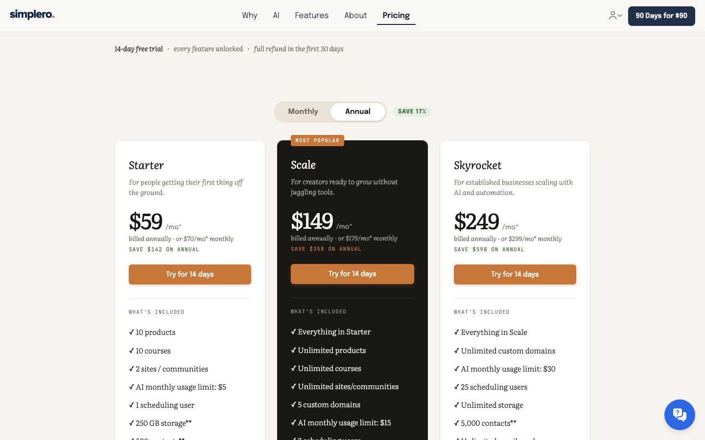 Simplero pricing page showing Starter at $59 a month billed annually, or $70 monthly, with 10 products and 10 courses