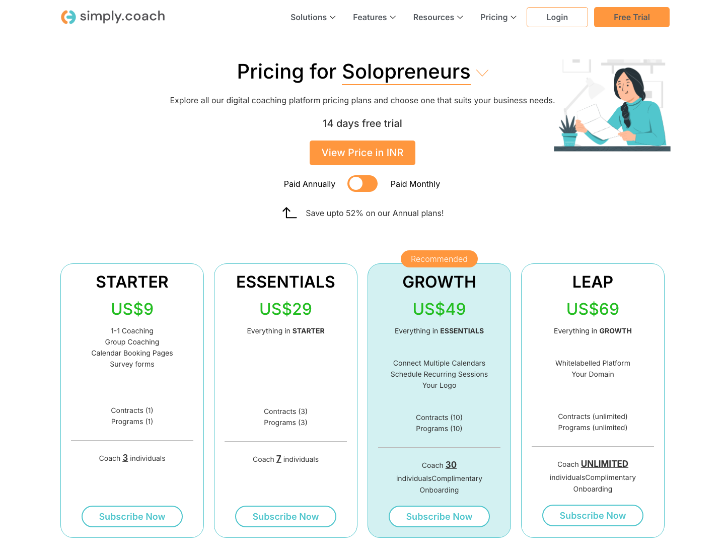 Simply.Coach pricing page showing Starter US$9, Essentials US$29, Growth US$49 and Leap US$69