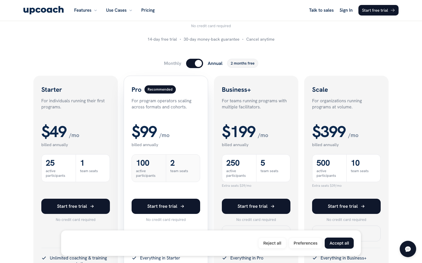 upcoach pricing page showing Starter at $49 a month billed annually with 25 active participants and 1 team seat