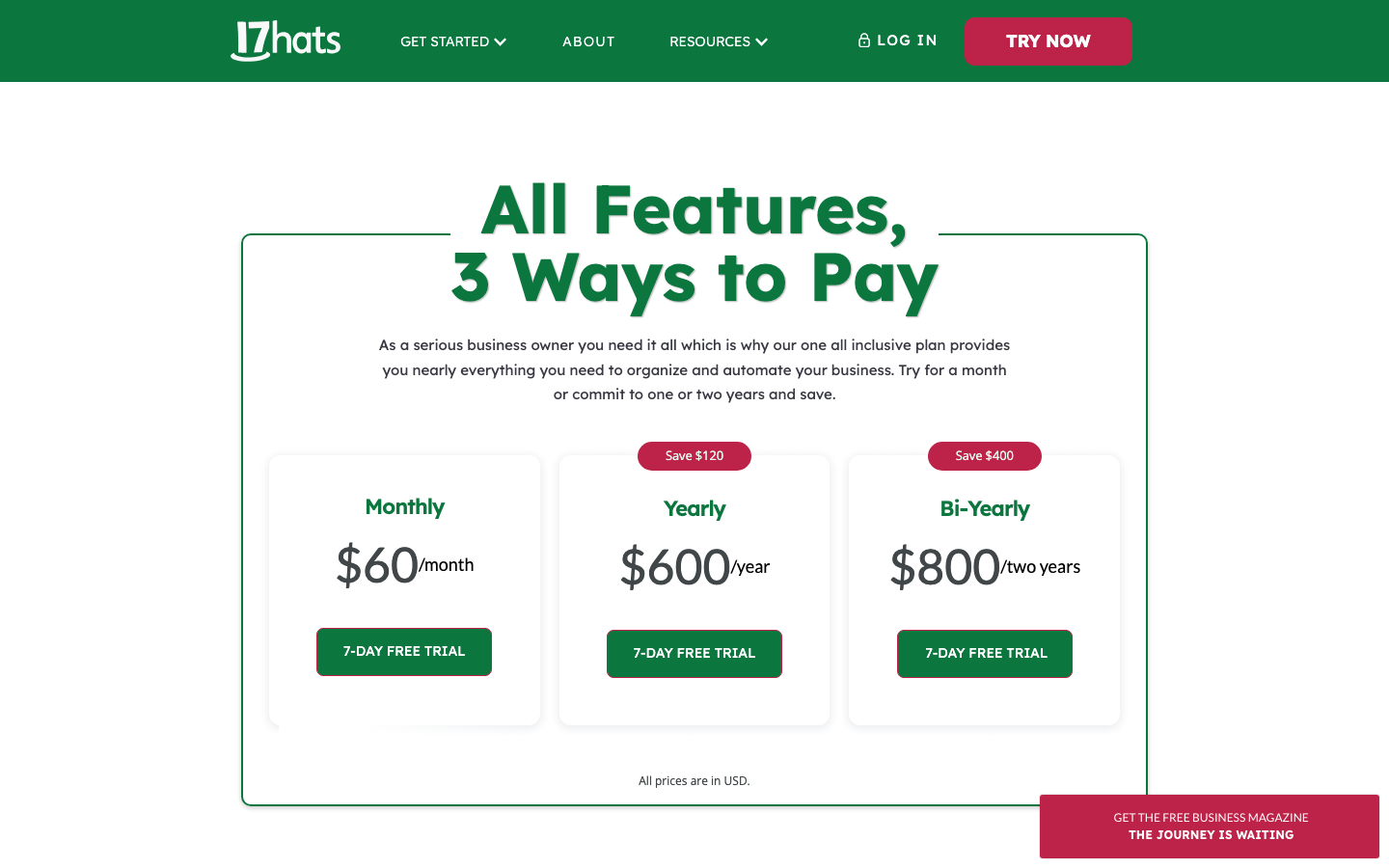 17hats pricing page showing $60 a month or $600 a year