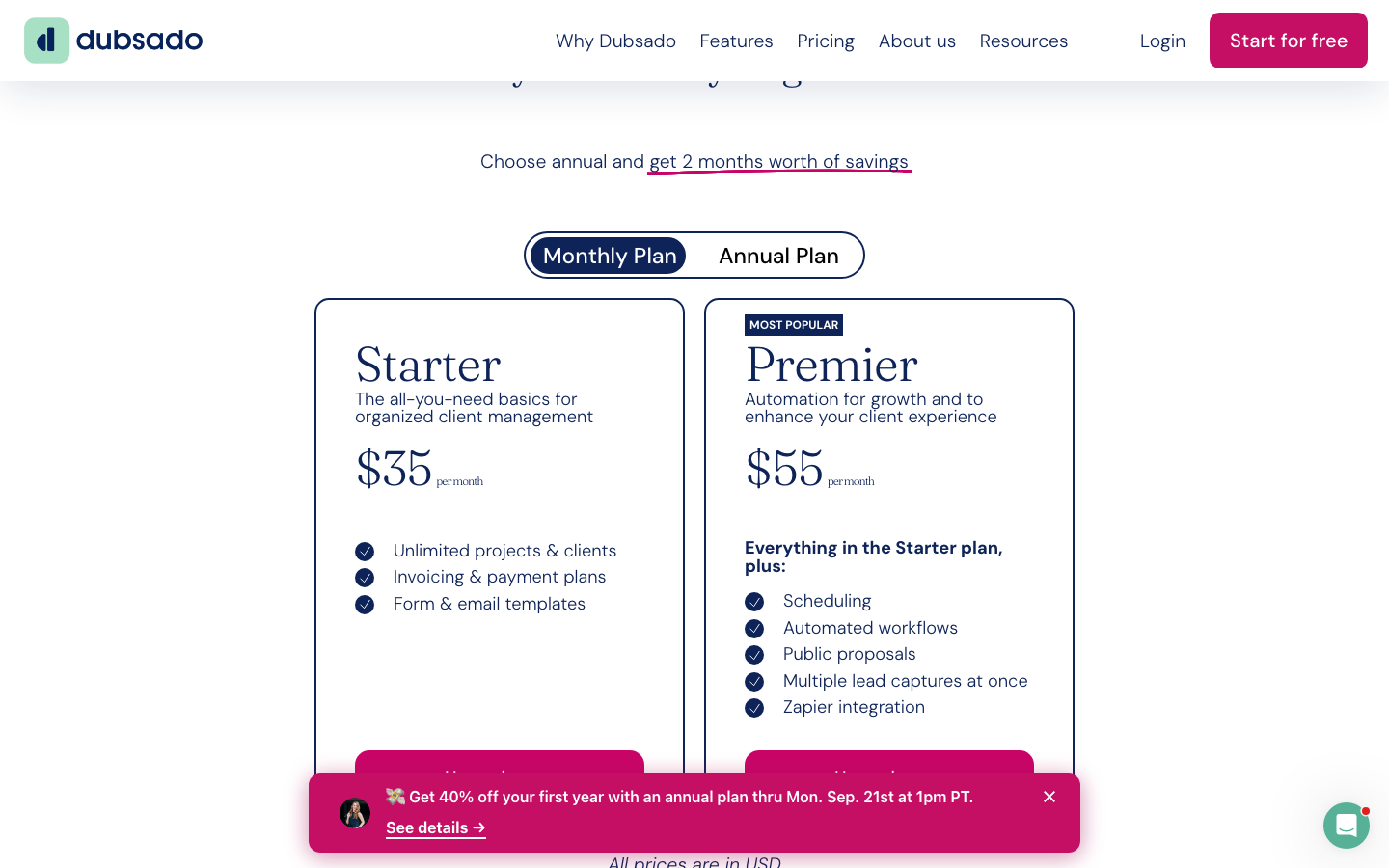 Dubsado pricing page showing $35 and $55 a month