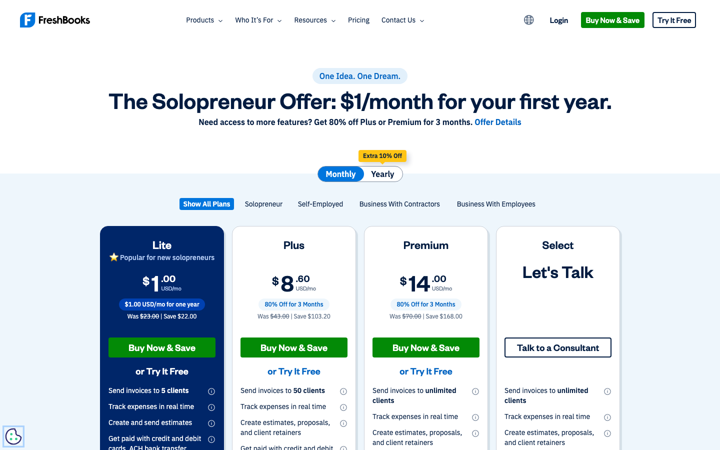 FreshBooks pricing page showing $23 a month regular price on Lite