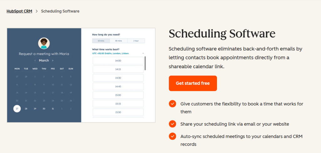 Screenshot of the HubSpot Scheduling Software page with a booking calendar and the headline Scheduling Software
