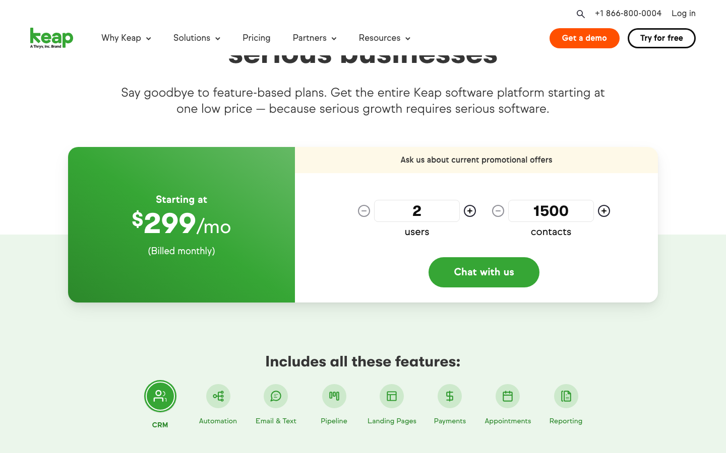 Keap pricing page showing $299 a month for 2 users