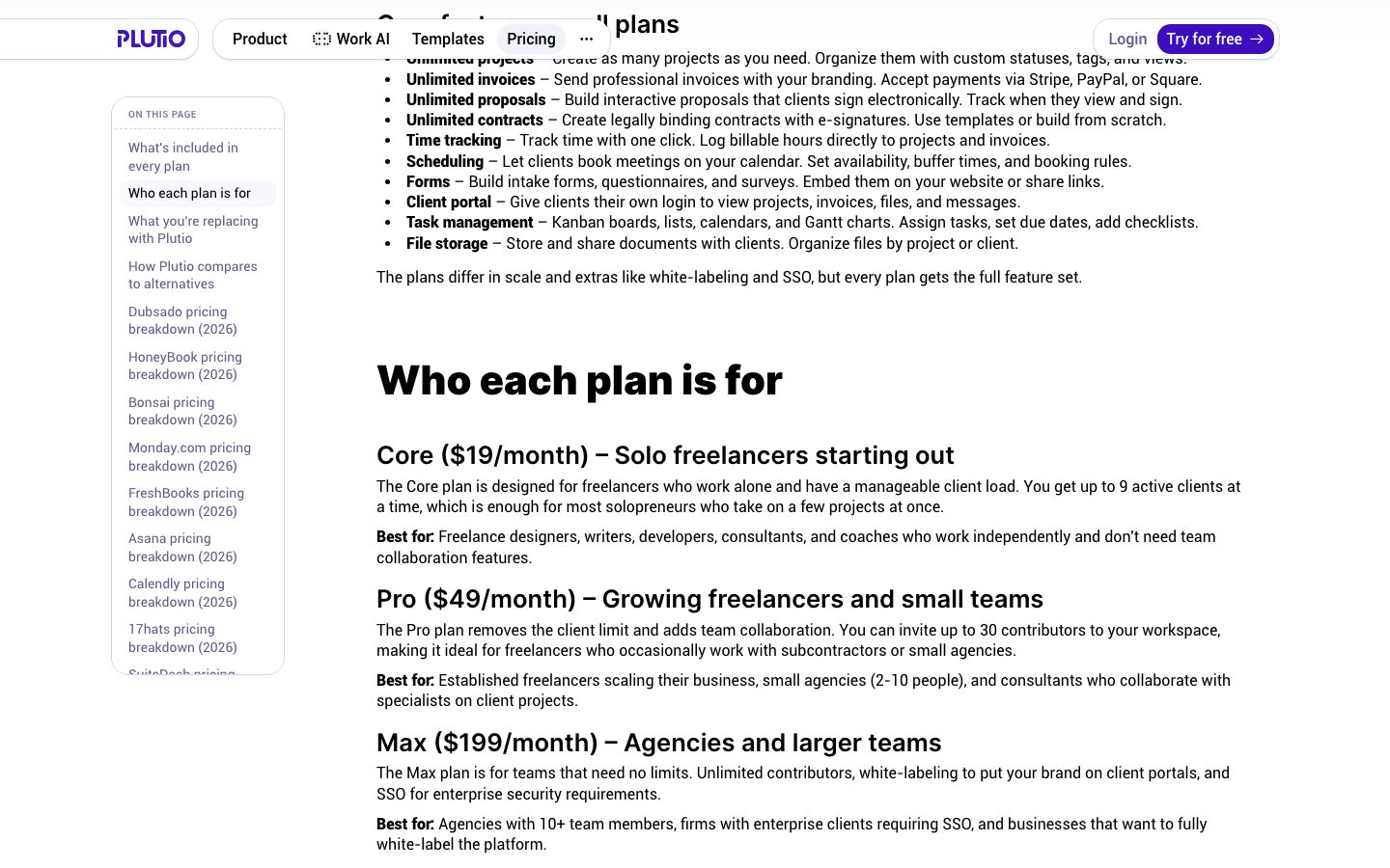 Plutio pricing page showing $19 a month for up to 9 active clients