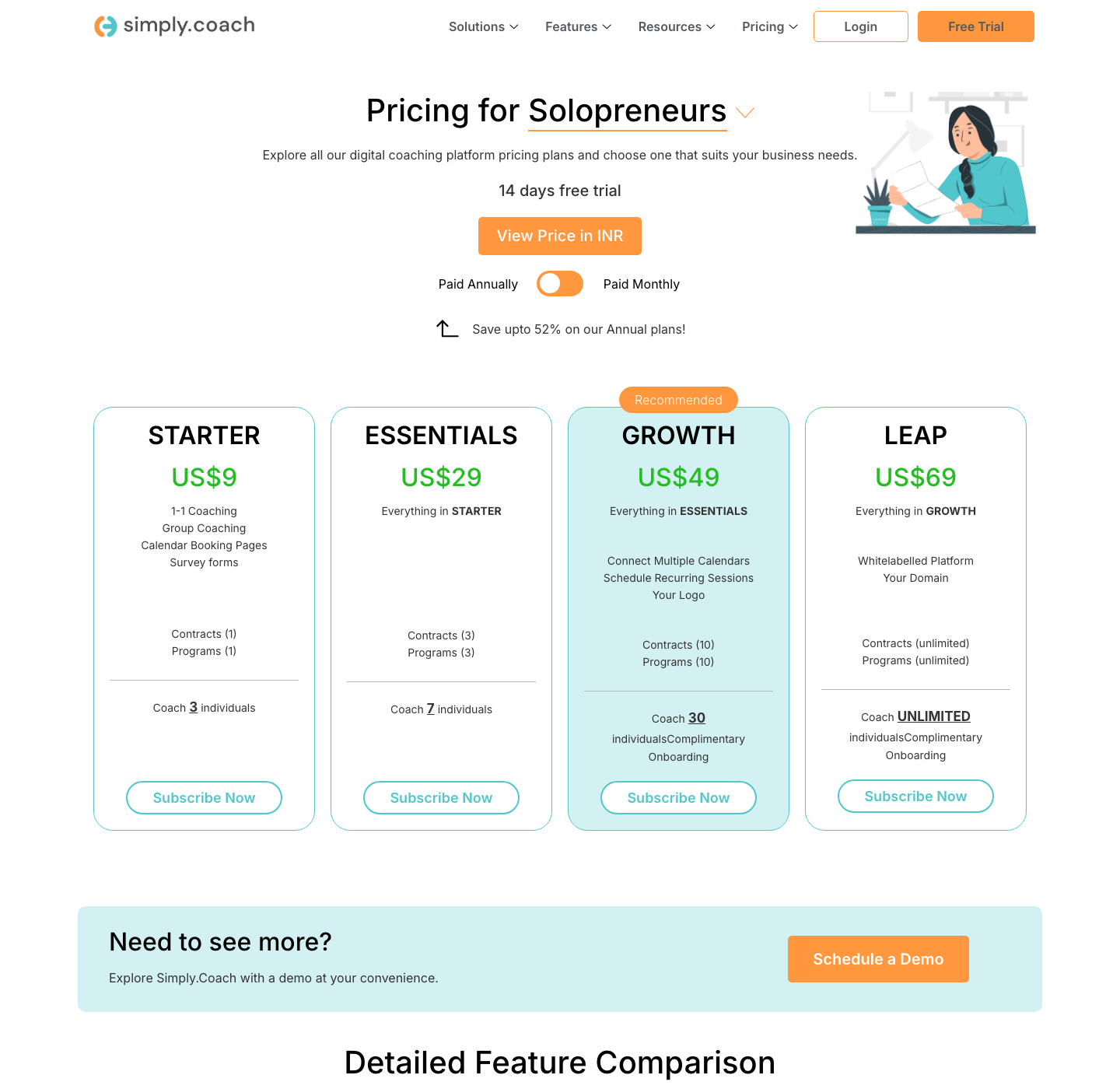 Simply.Coach pricing page showing US$9 a month on Starter