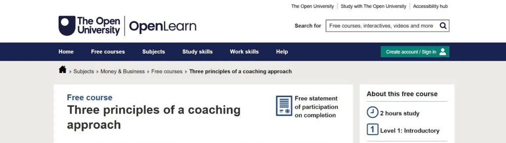 OpenLearn Three principles of a coaching approach, shown as an introductory two-hour course.