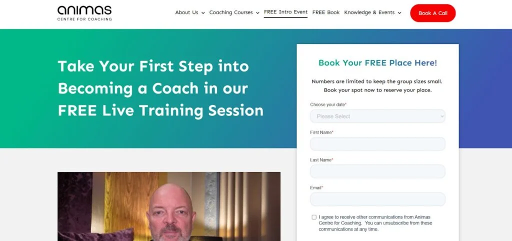 Animas free live introduction to coaching page and registration form.