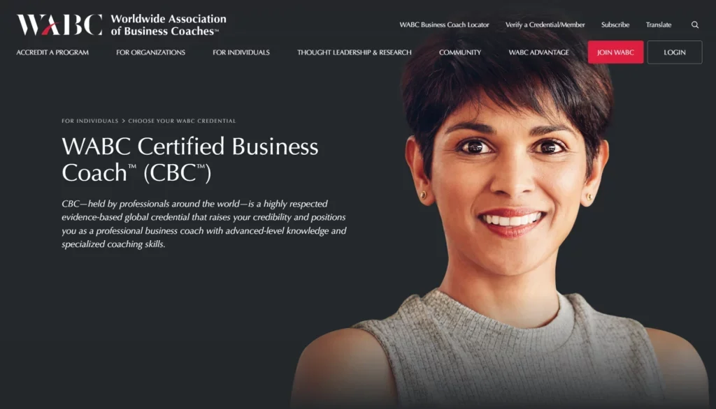 WABC Certified Business Coach CBC credential page header.