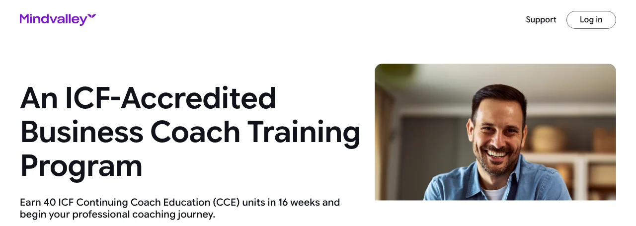 Mindvalley business coach training page showing 40 ICF continuing education units over 16 weeks.