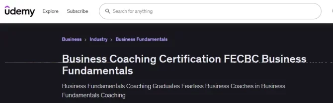 Udemy Business Coaching Certification FECBC Business Fundamentals course header.